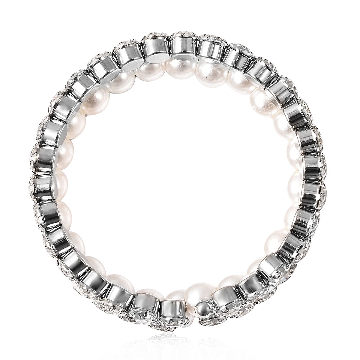 White Crystal, Simulated Pearl Bangle Bracelet in Silvertone (6.00 In) image number 5