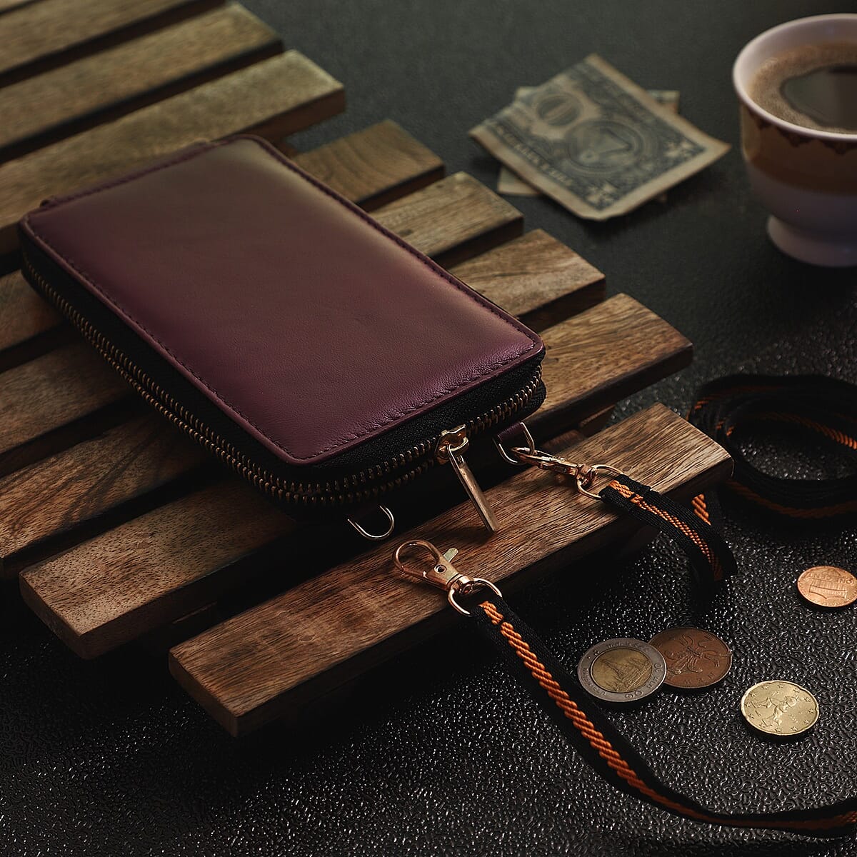 Hong Kong Closeout Purple 100% Genuine Leather RFID Sling Crossbody Wallet image number 1