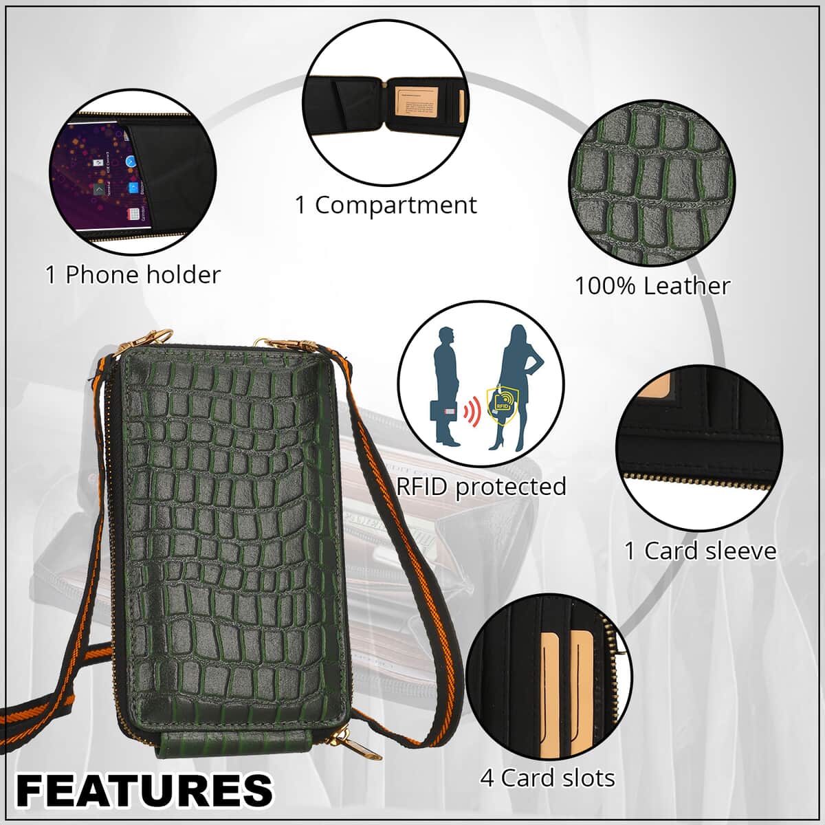 Dark Green Crocodile Embossed RFID Genuine Leather Crossbody Bag for Women with Wristlet Handle | Shoulder Purse | Crossbody Handbags | Designer Crossbody | Leather Handbags image number 2