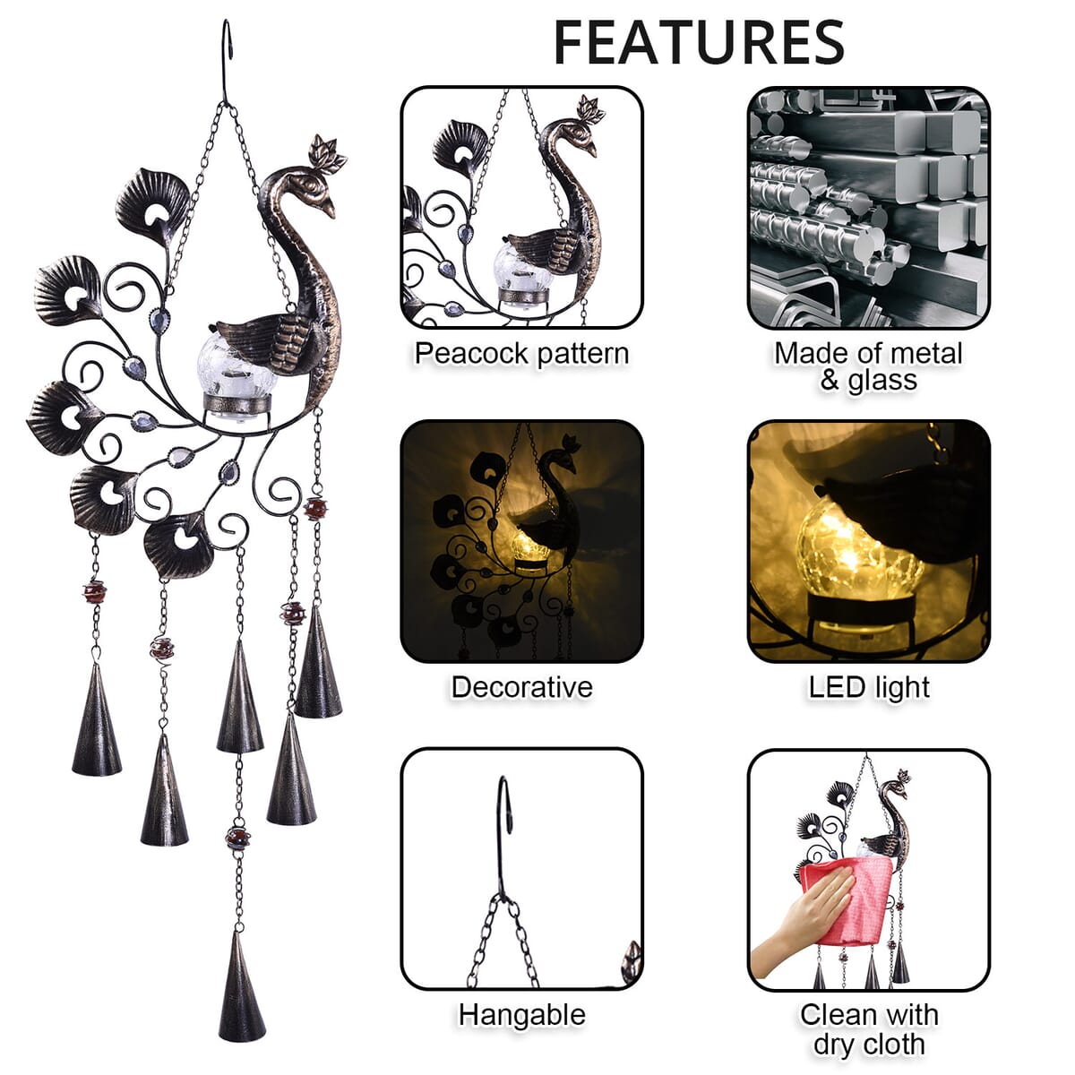 HOMESMART Peacock Shaped Wind Bell with Solar Light (40 mAh) image number 2