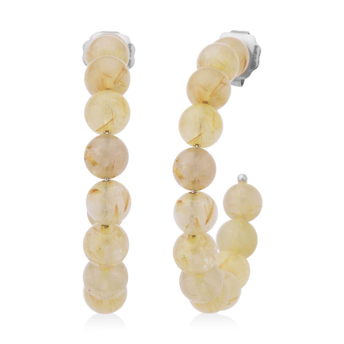 Golden Rutilated Quartz Beaded J-Hoop Earrings in Stainless Steel 72.50 ctw | Tarnish-Free, Waterproof, Sweat Proof Jewelry image number 0