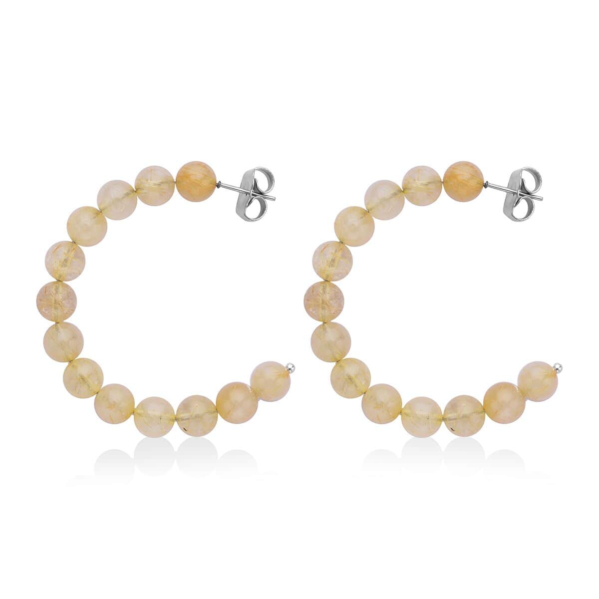 Golden Rutilated Quartz Beaded J-Hoop Earrings in Stainless Steel 72.50 ctw | Tarnish-Free, Waterproof, Sweat Proof Jewelry image number 3