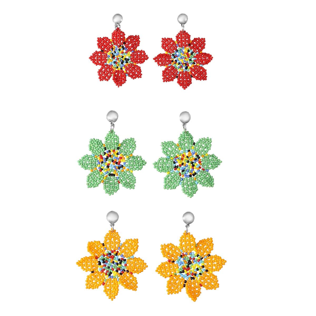 Multi Color Beaded Floral Dangle Earrings in Silvertone image number 0