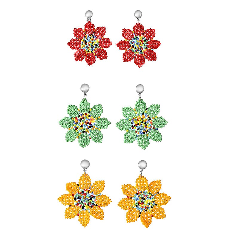 Multi Color Beaded Floral Dangle Earrings in Silvertone