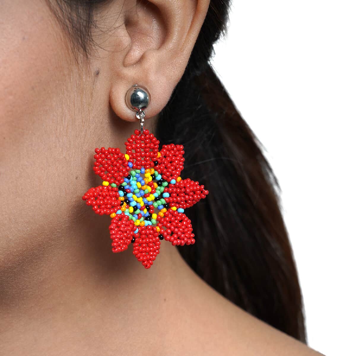 Multi Color Beaded Floral Dangle Earrings in Silvertone image number 1