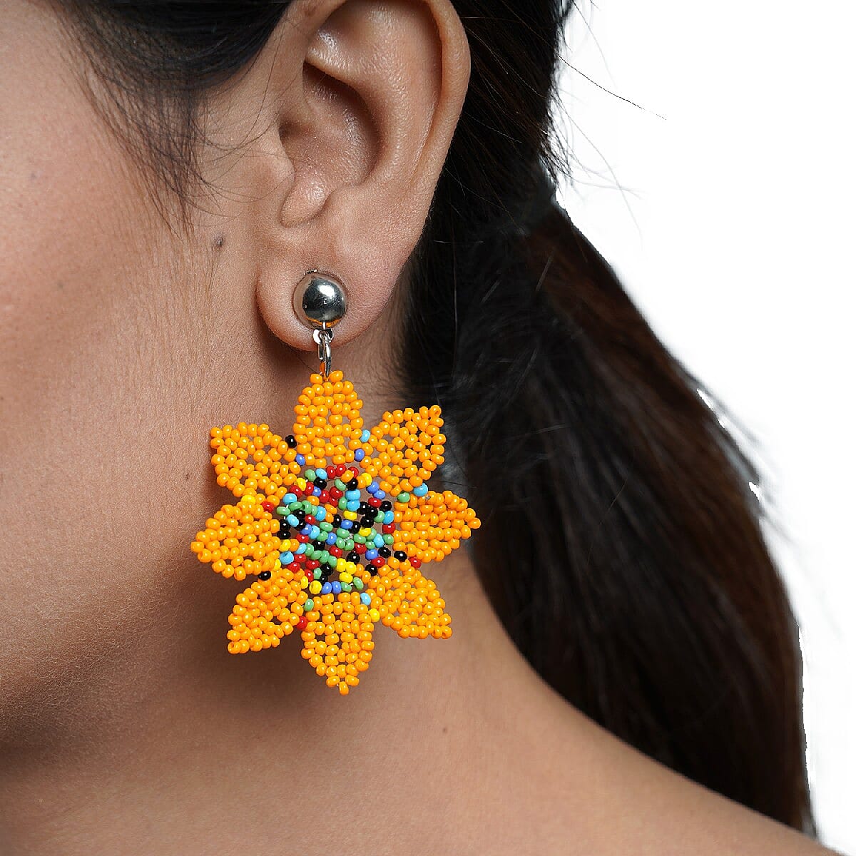 Multi Color Beaded Floral Dangle Earrings in Silvertone