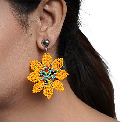 Multi Color Beaded Floral Dangle Earrings in Silvertone