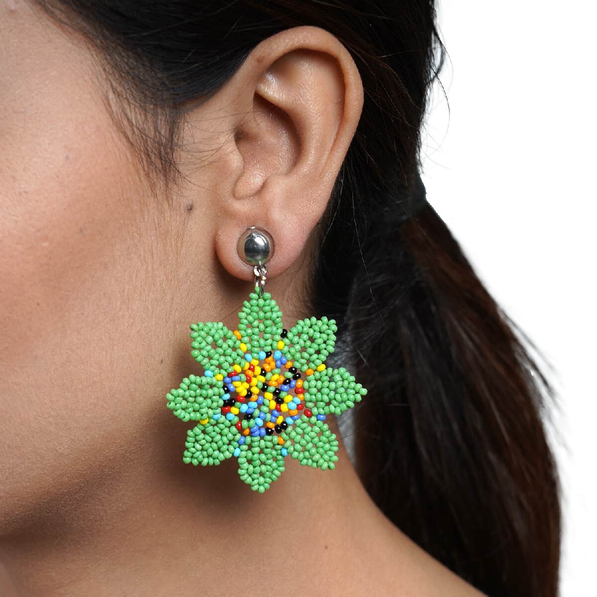 Multi Color Beaded Floral Dangle Earrings in Silvertone image number 3