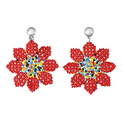 Multi Color Beaded Floral Dangle Earrings in Silvertone