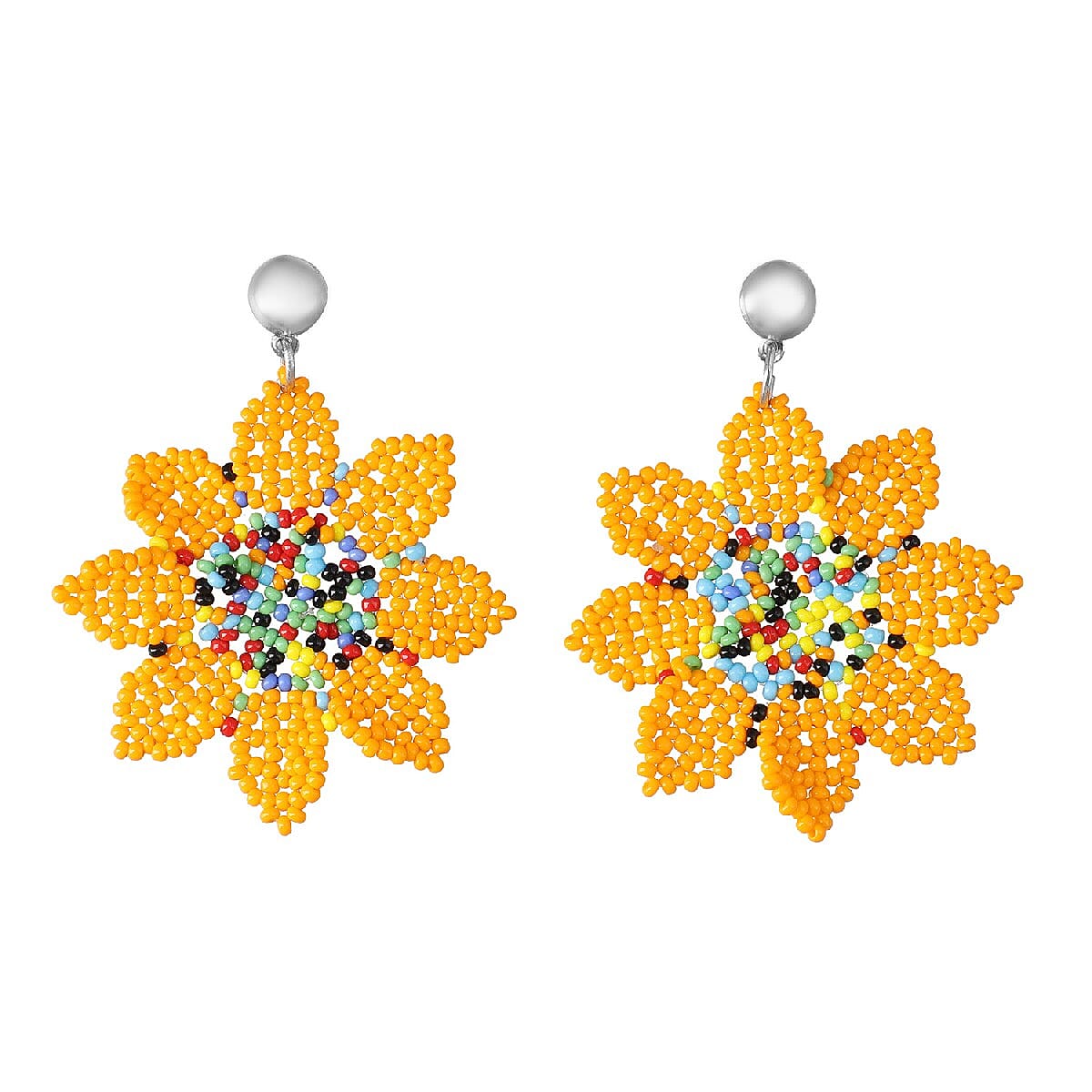 Multi Color Beaded Floral Dangle Earrings in Silvertone