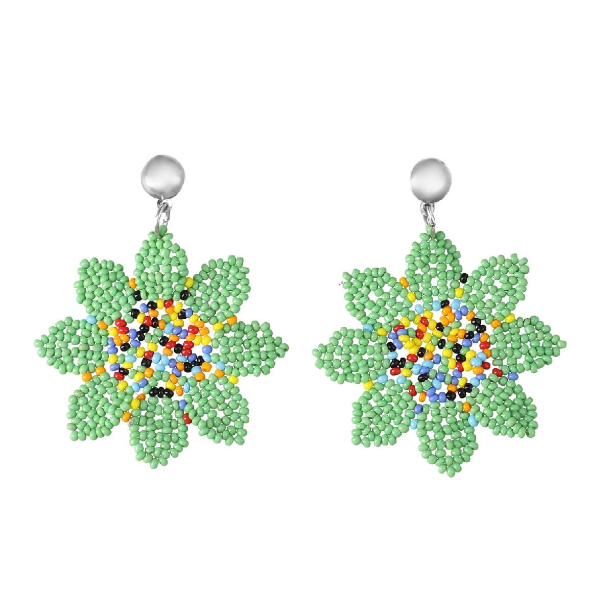 Multi Color Beaded Floral Dangle Earrings in Silvertone image number 6