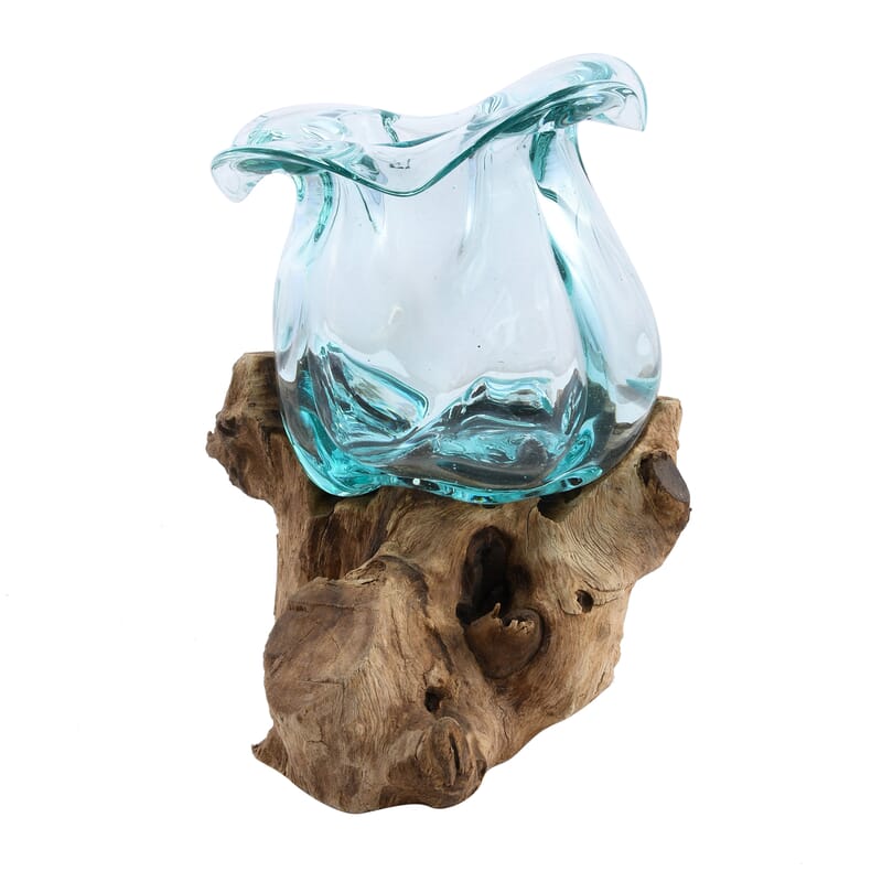 Designer Inspired Artisan Commissioned Bali Handblown Molten Glass Vase Candy with Wood Base