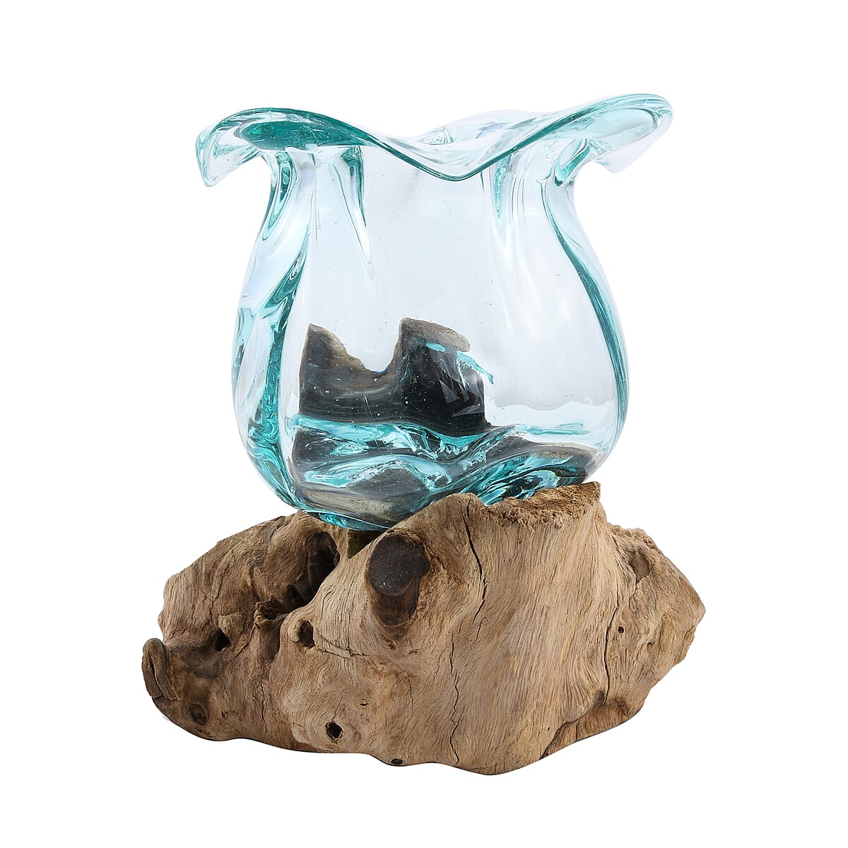 Designer Inspired Artisan Commissioned Bali Handblown Molten Glass Vase Candy with Wood Base image number 1