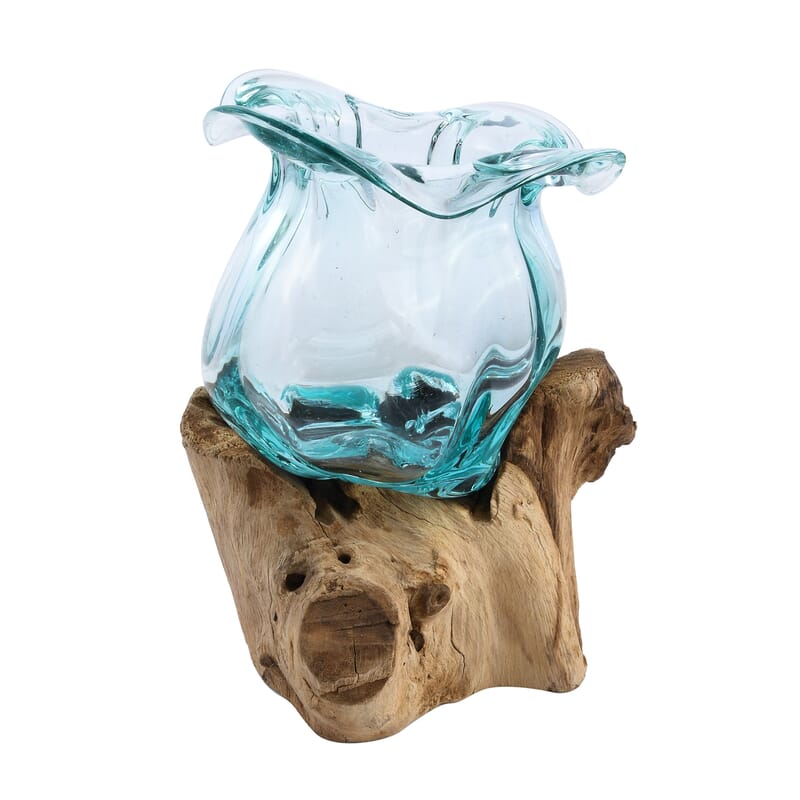 Designer Inspired Artisan Commissioned Bali Handblown Molten Glass Vase Candy with Wood Base