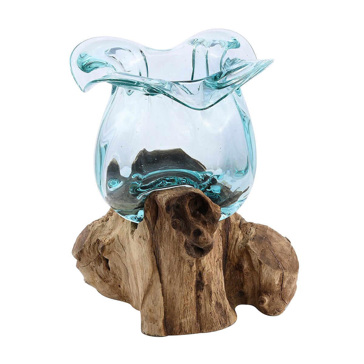 Designer Inspired Artisan Commissioned Bali Handblown Molten Glass Vase Candy with Wood Base image number 3