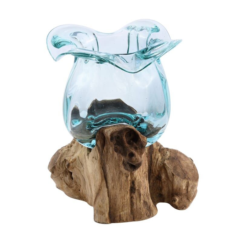 Designer Inspired Artisan Commissioned Bali Handblown Molten Glass Vase Candy with Wood Base