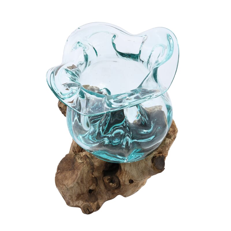 Designer Inspired Artisan Commissioned Bali Handblown Molten Glass Vase Candy with Wood Base