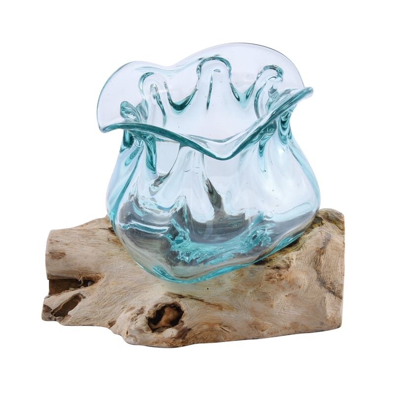 Designer Inspired Artisan Commissioned Bali Handblown Molten Glass Vase Candy with Wood Base