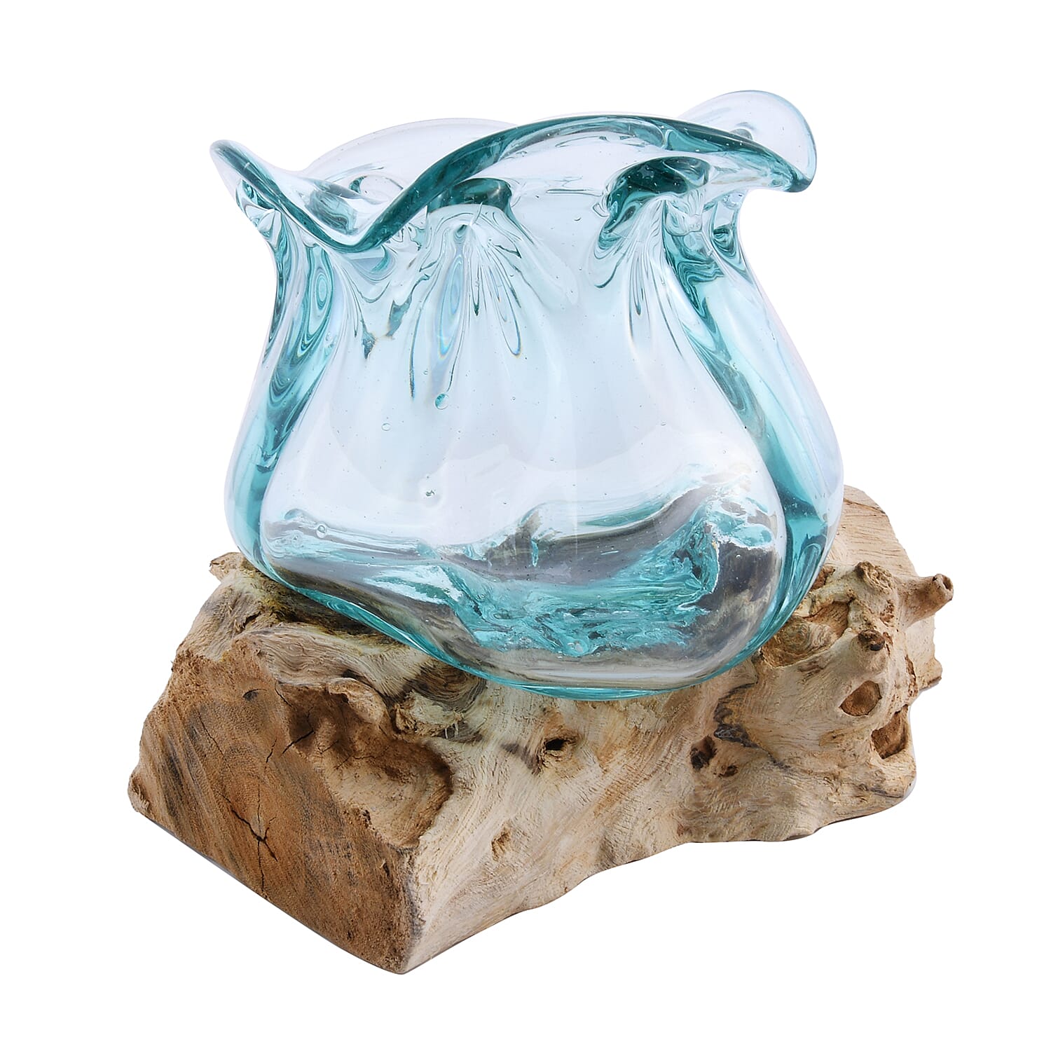 Designer Inspired Artisan Commissioned Bali Handblown Molten Glass Vase Candy with Wood Base