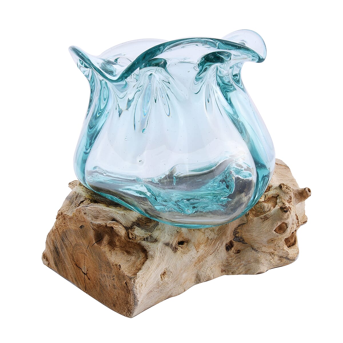 Designer Inspired Artisan Commissioned Bali Handblown Molten Glass Vase Candy with Wood Base image number 6