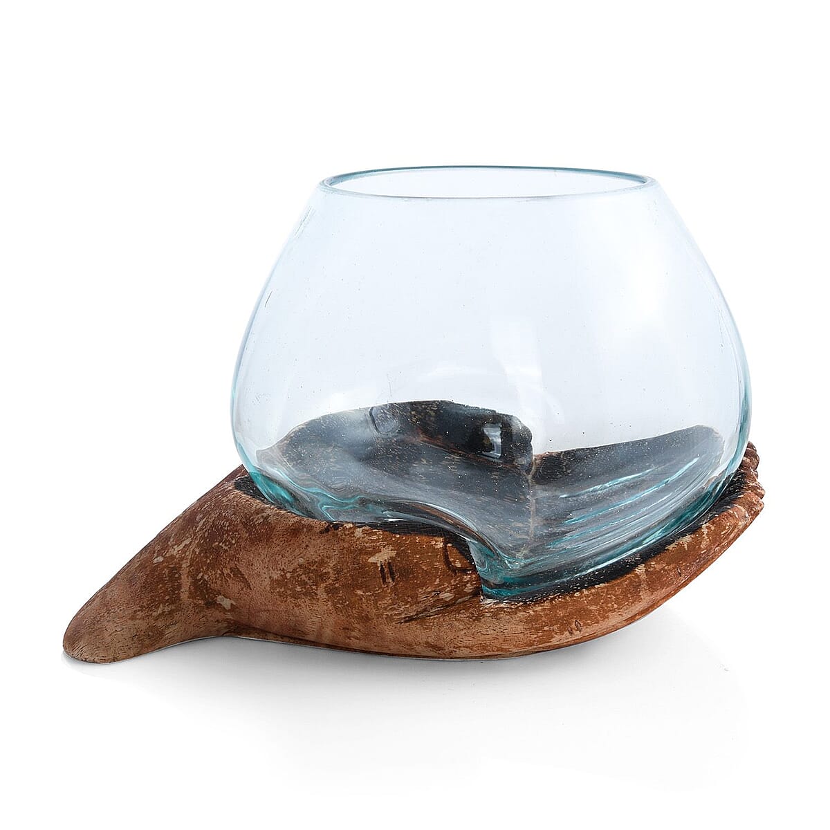 Designer Inspired Artisan Commissioned Bali Handblown Glass Bowl with Wood Base image number 1