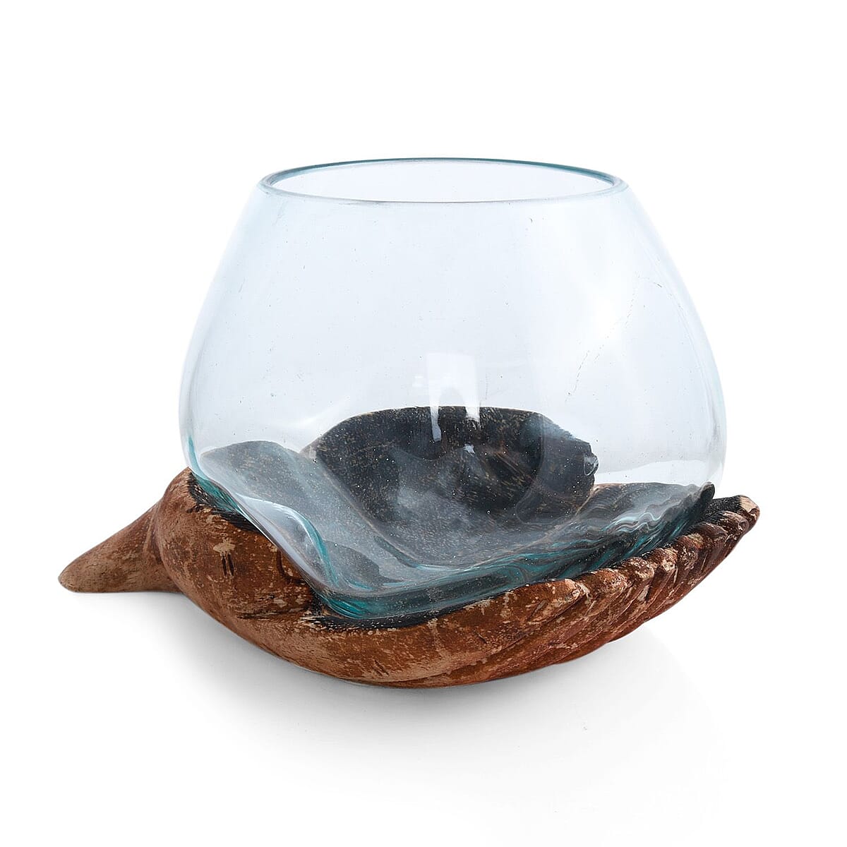 Designer Inspired Artisan Commissioned Bali Handblown Glass Bowl with Wood Base image number 3