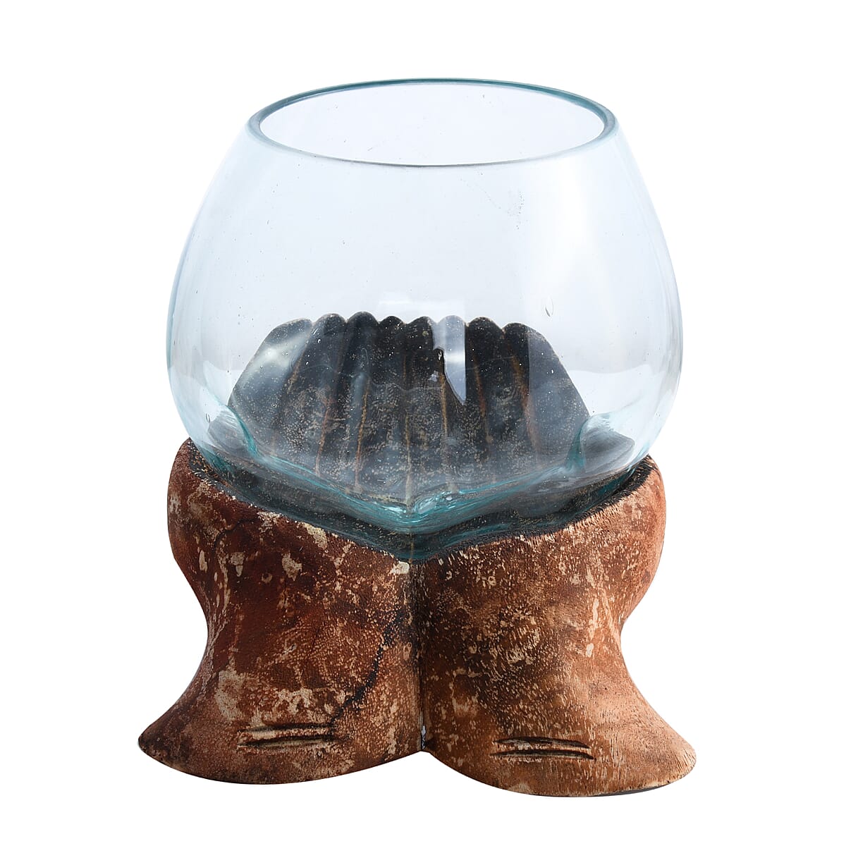 Designer Inspired Artisan Commissioned Bali Handblown Glass Bowl with Wood Base image number 5
