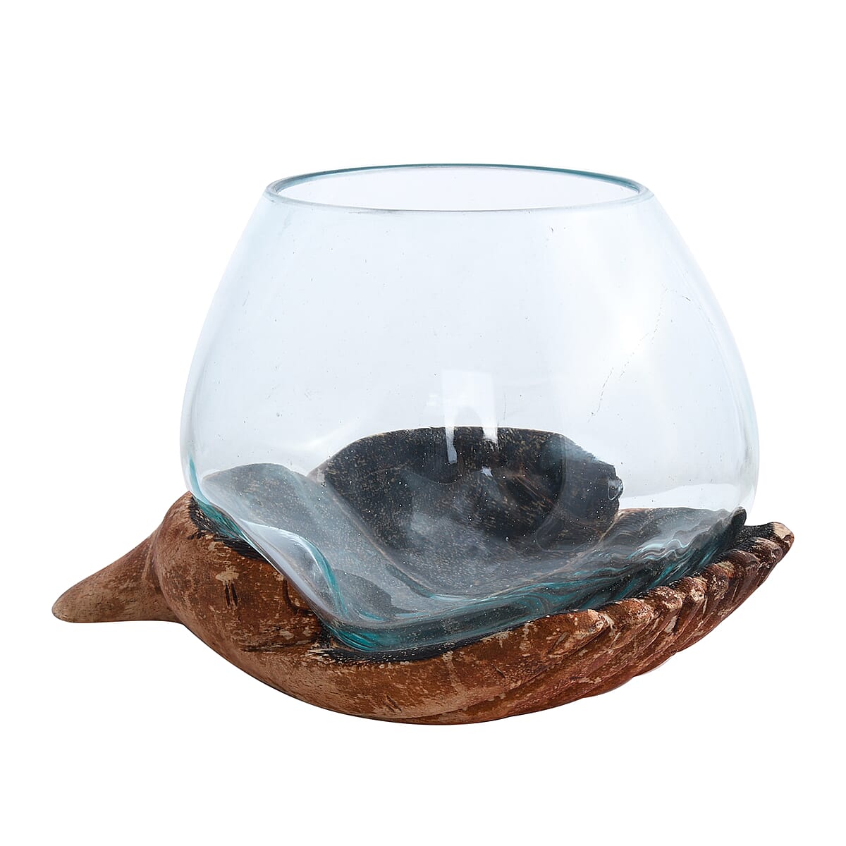 Designer Inspired Artisan Commissioned Bali Handblown Glass Bowl with Wood Base image number 6