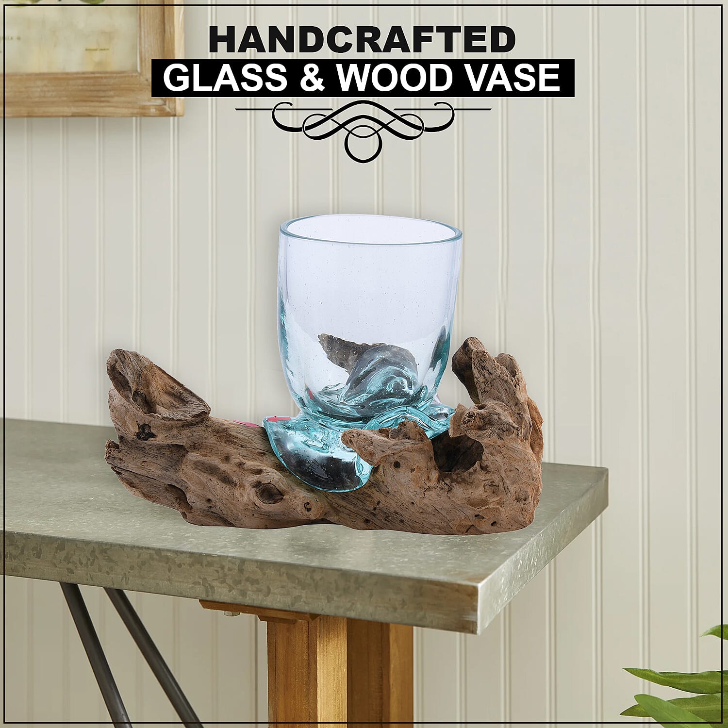 Designer Inspired Artisan Commissioned Bali Handblown Molten Drinking Glass with Wood Base