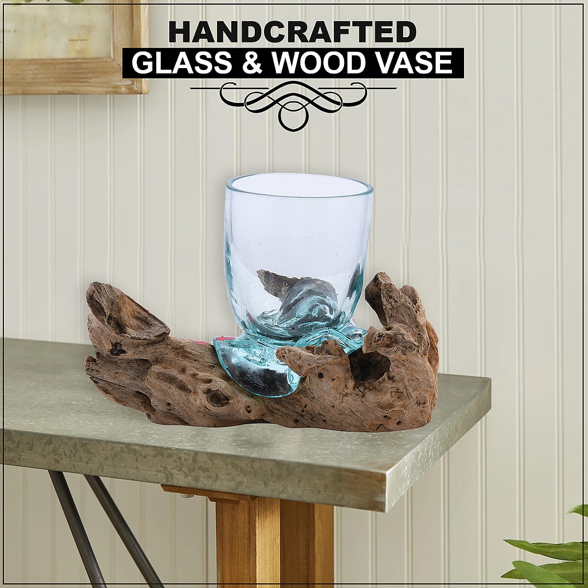 Designer Inspired Artisan Commissioned Bali Handblown Molten Drinking Glass with Wood Base image number 1