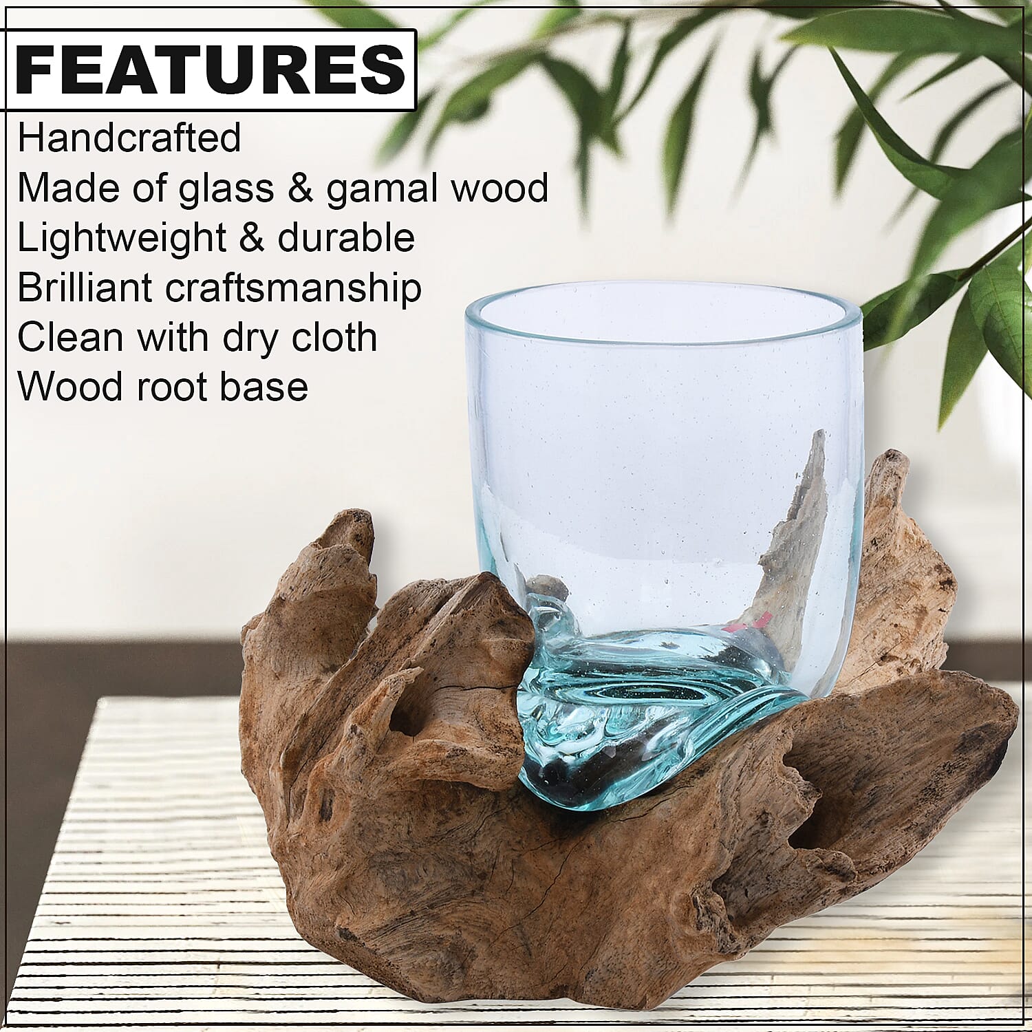 Designer Inspired Artisan Commissioned Bali Handblown Molten Drinking Glass with Wood Base