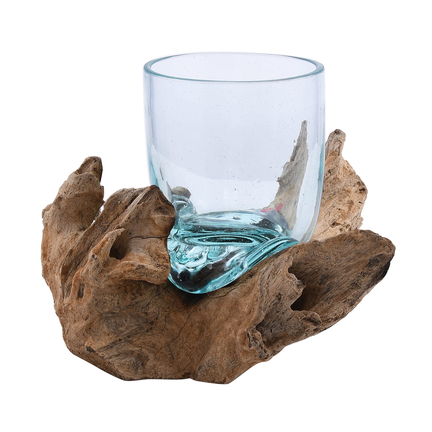 Designer Inspired Artisan Commissioned Bali Handblown Molten Drinking Glass with Wood Base