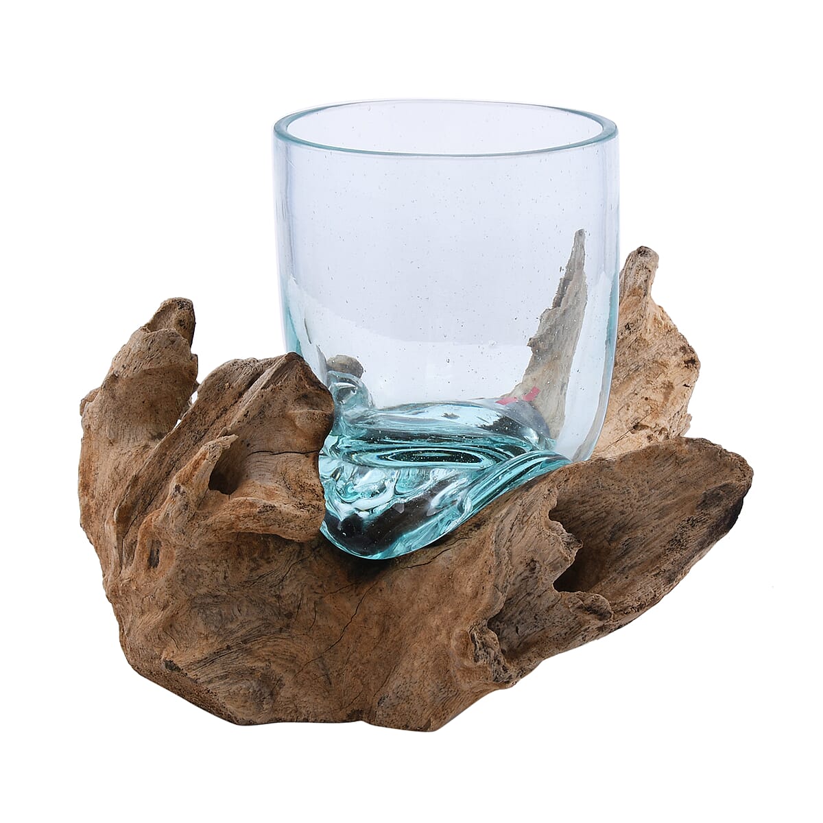 Designer Inspired Artisan Commissioned Bali Handblown Molten Drinking Glass with Wood Base image number 4