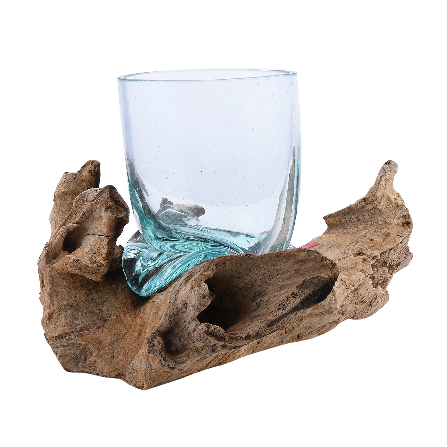 Designer Inspired Artisan Commissioned Bali Handblown Molten Drinking Glass with Wood Base