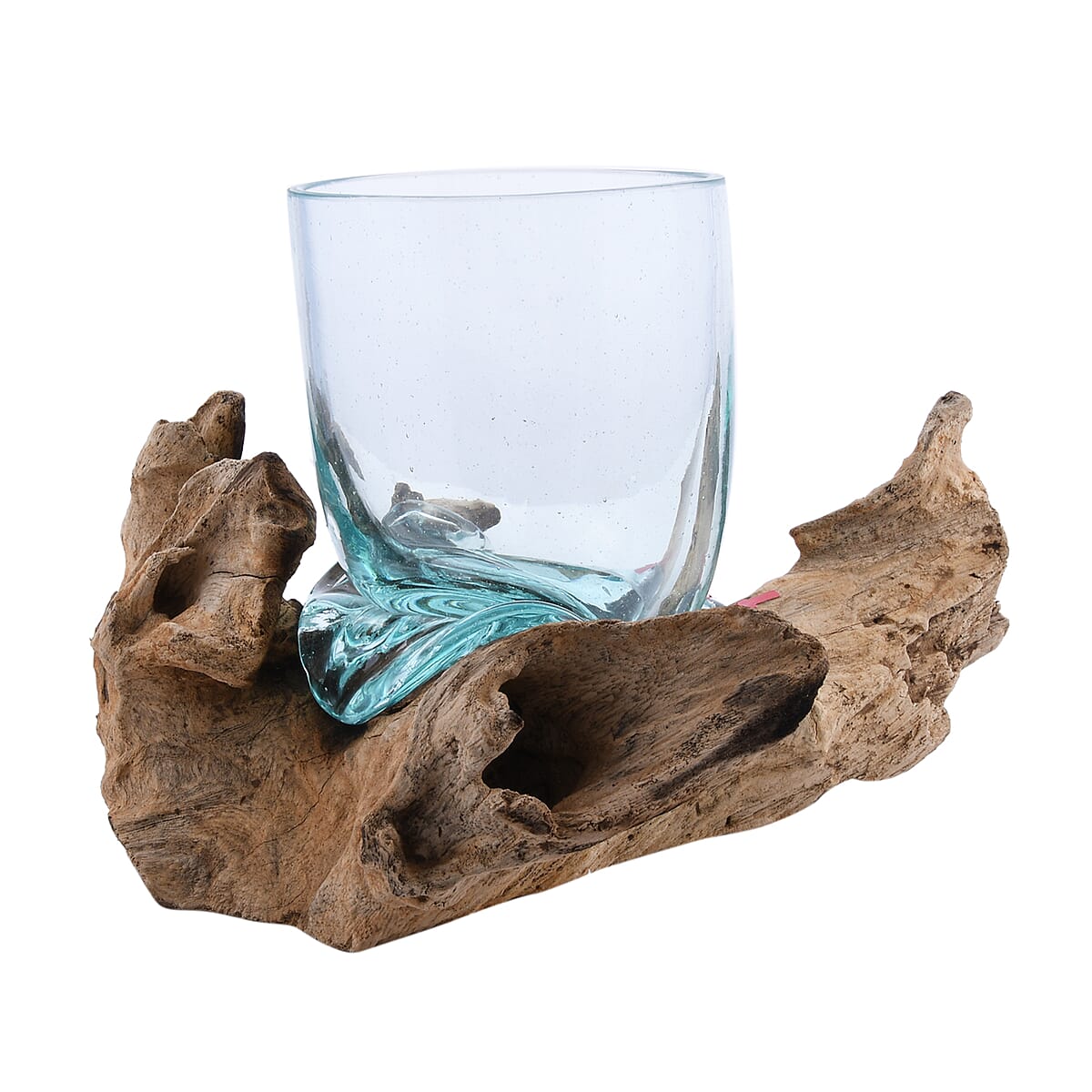 Designer Inspired Artisan Commissioned Bali Handblown Molten Drinking Glass with Wood Base image number 6