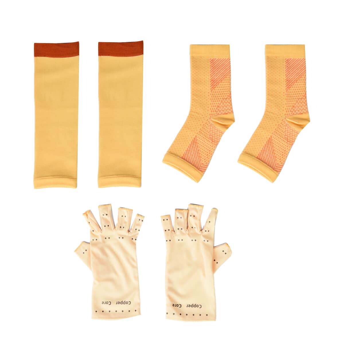 Set of 3 Pairs of Beige Copper Infused Compression Set of Foot, Gloves and Calf Sleeves - L image number 0