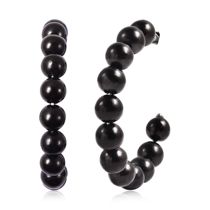 Shungite Beaded J-Hoop Earrings in Stainless Steel 83.50 ctw