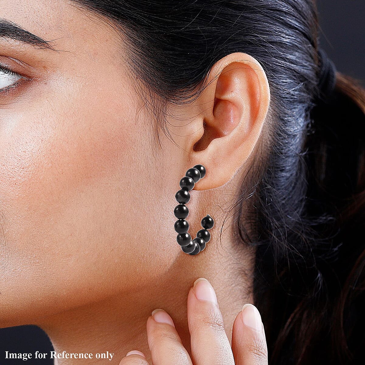 Shungite Beaded J-Hoop Earrings in Stainless Steel 83.50 ctw image number 1