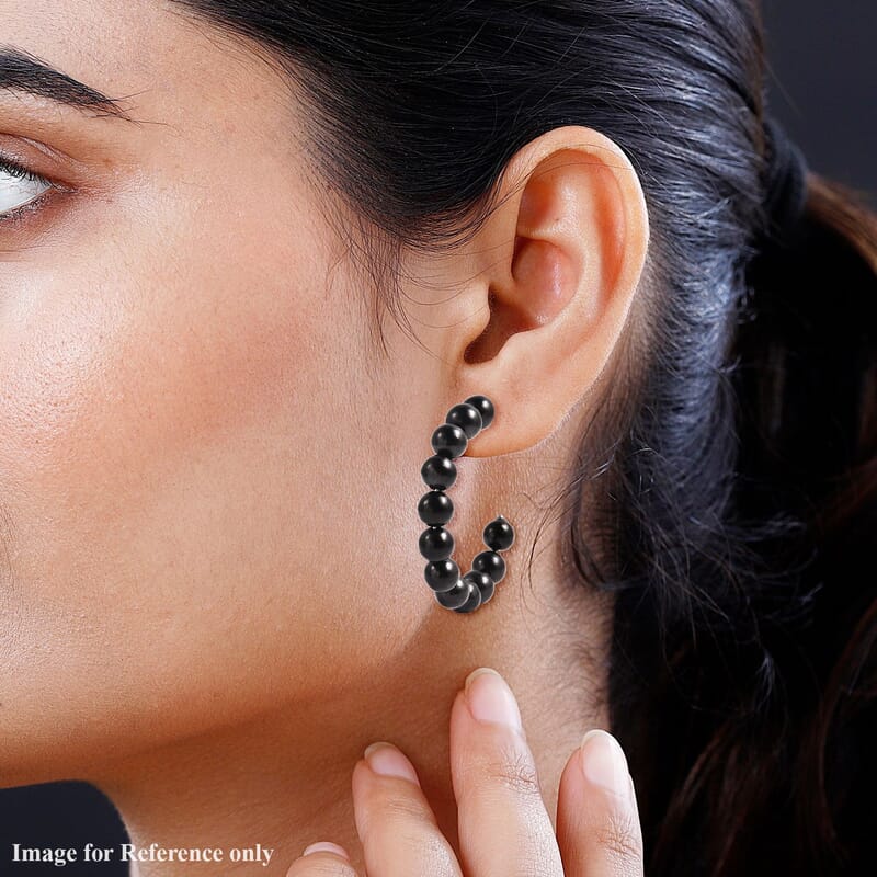 Shungite Beaded J-Hoop Earrings in Stainless Steel 83.50 ctw