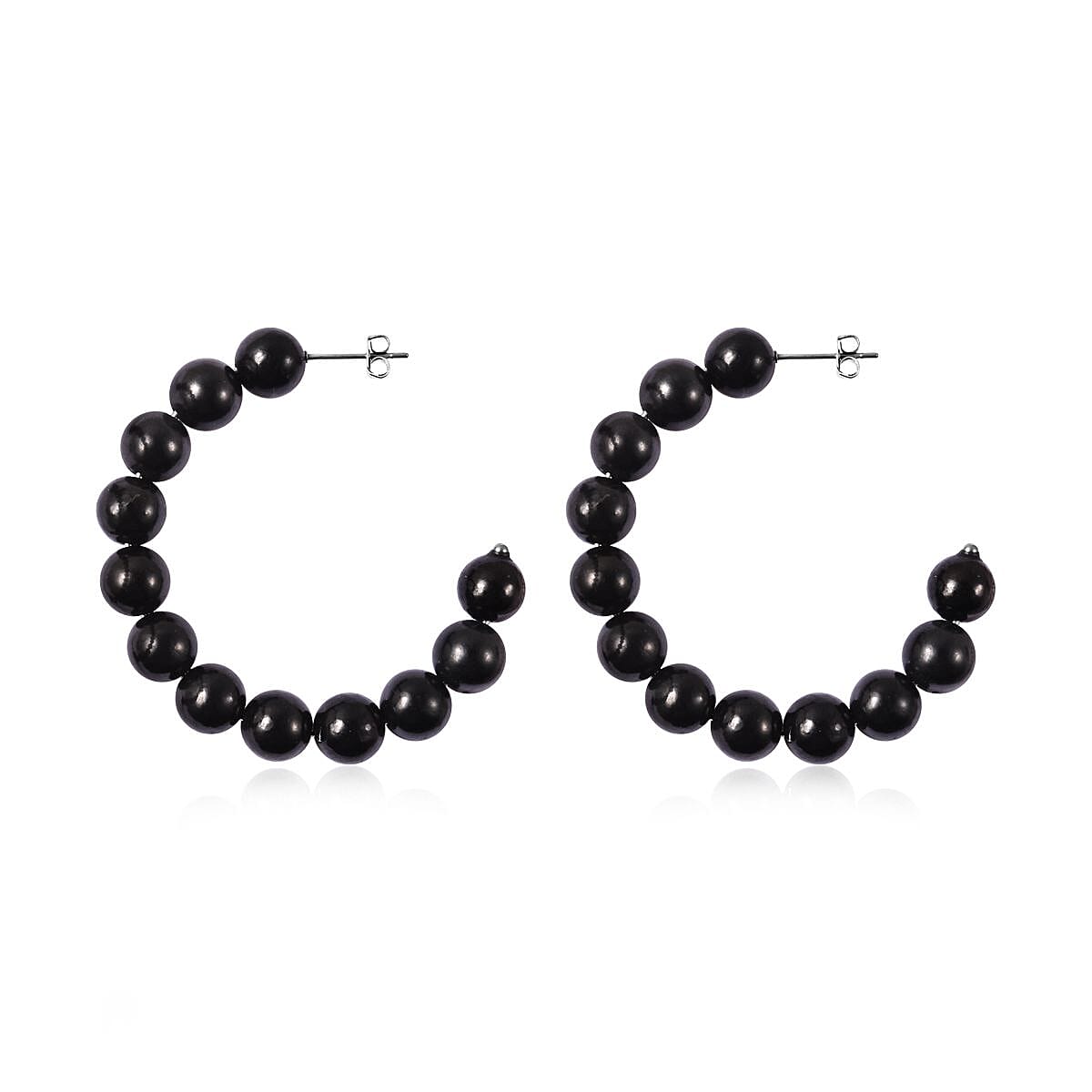 Shungite Beaded J-Hoop Earrings in Stainless Steel 83.50 ctw image number 2