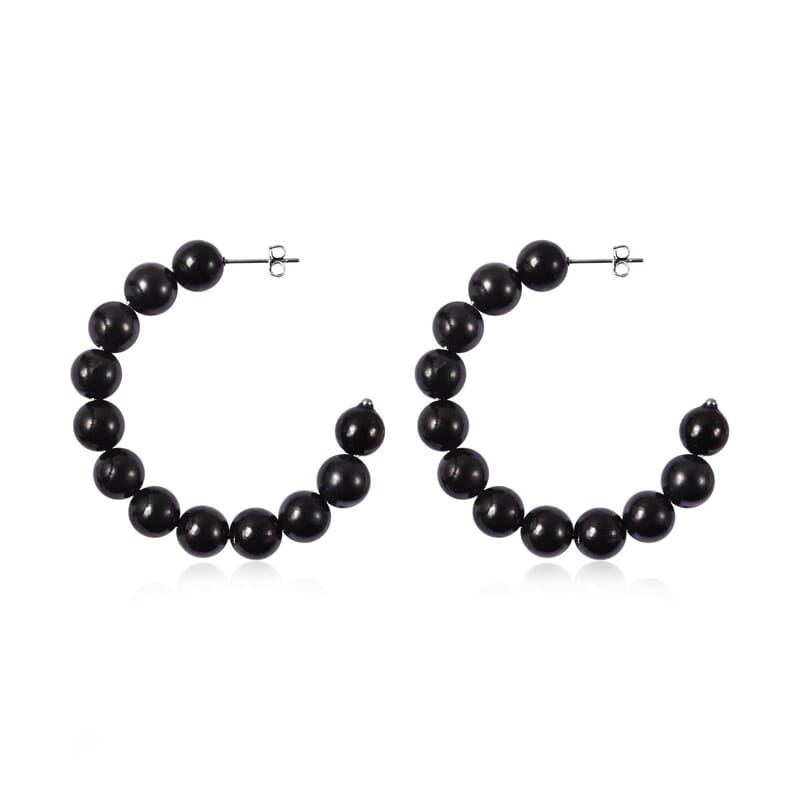 Shungite Beaded J-Hoop Earrings in Stainless Steel 83.50 ctw