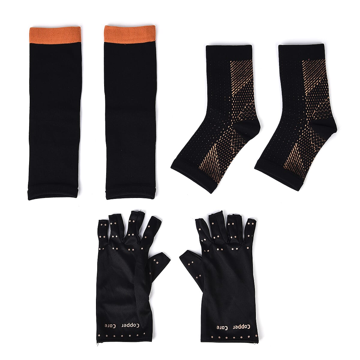 Set of 3 Pairs of Black Copper Infused Compression Set of Foot, Gloves and Calf Sleeves - M image number 0