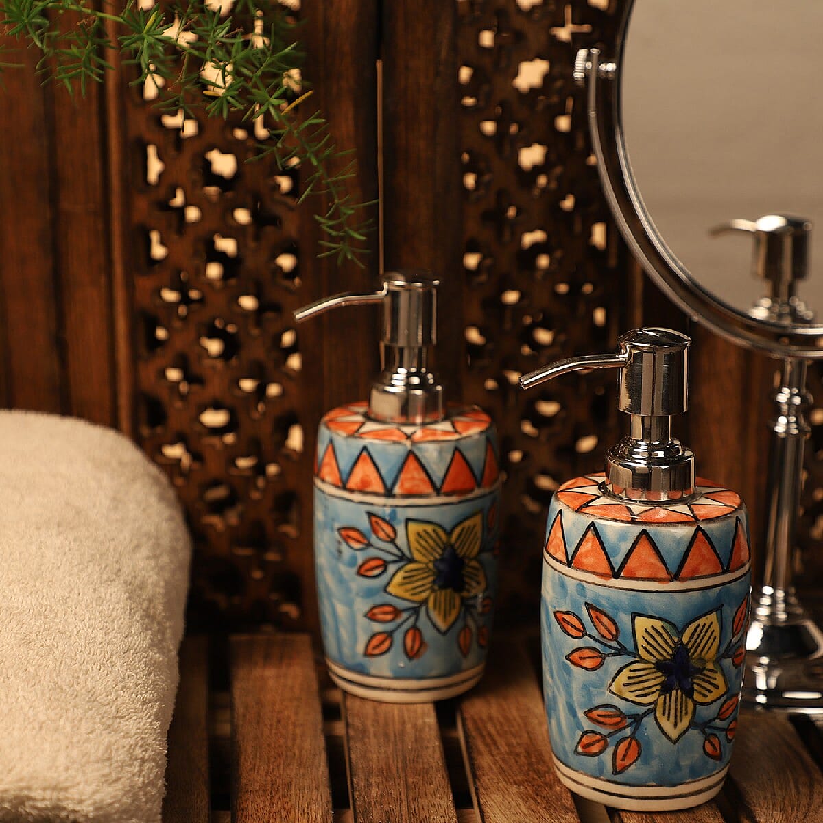 Set Of 2 Multi Color Hand Painted Floral Ceramic Soap Dispenser image number 1