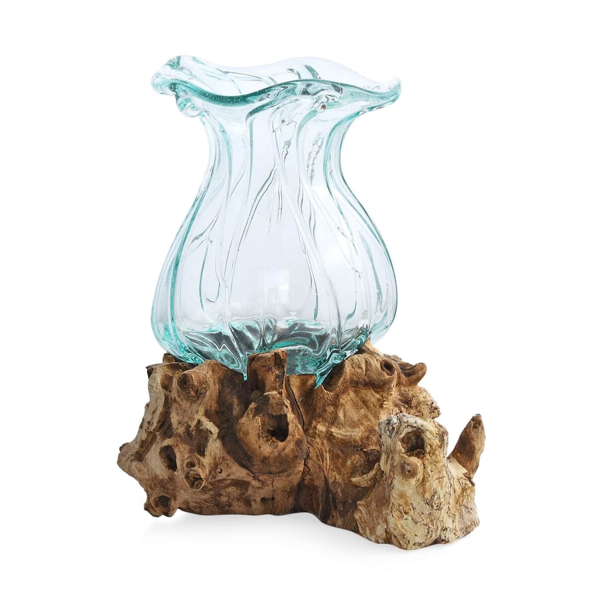 Designer Inspired Artisan Commissioned Bali Handblown Flower Vase Glass Decor with Wood Base , Decorative Vase , Home Decor Items , Wood Decor, Gift Items image number 0