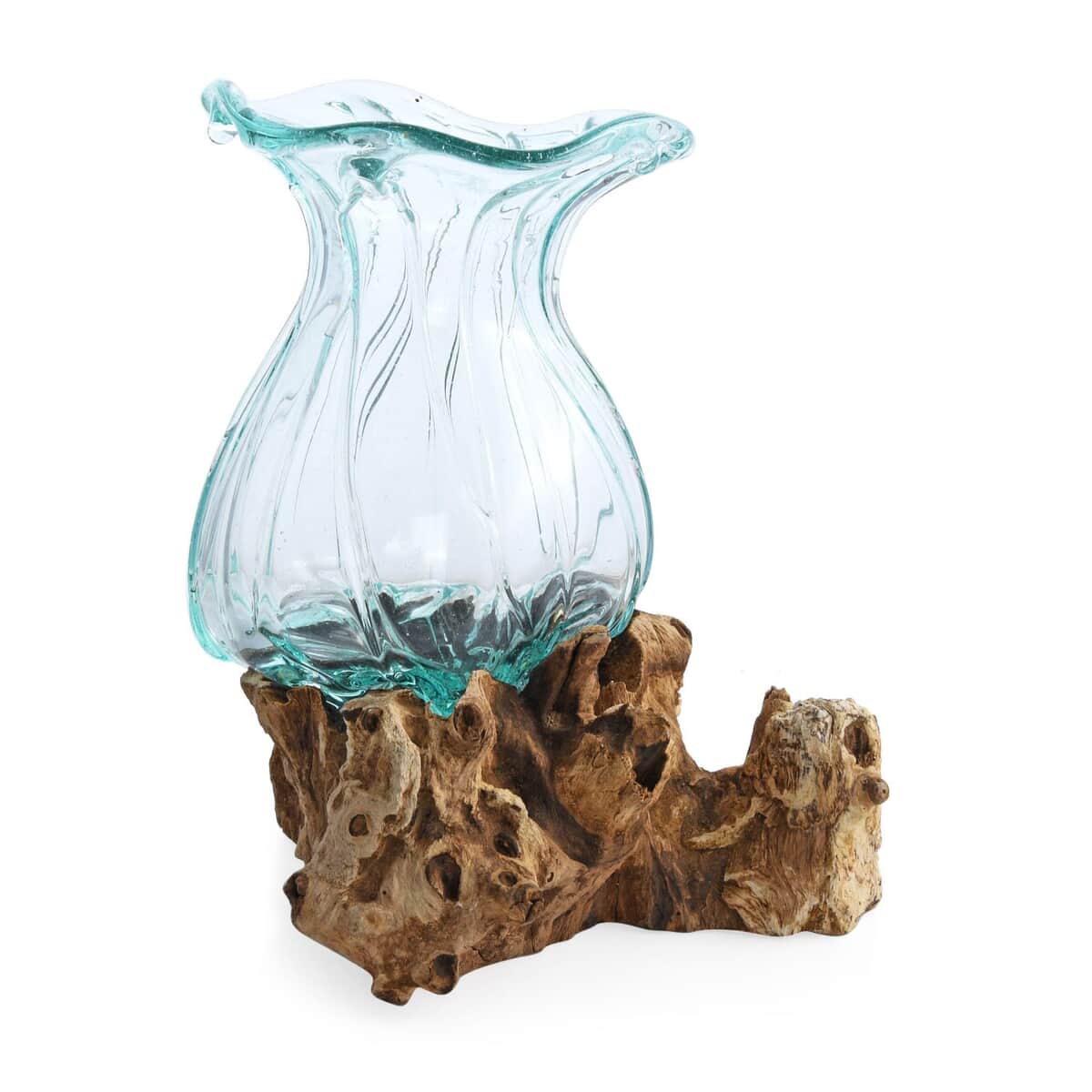 Designer Inspired Artisan Commissioned Bali Handblown Flower Vase Glass Decor with Wood Base , Decorative Vase , Home Decor Items , Wood Decor, Gift Items image number 1