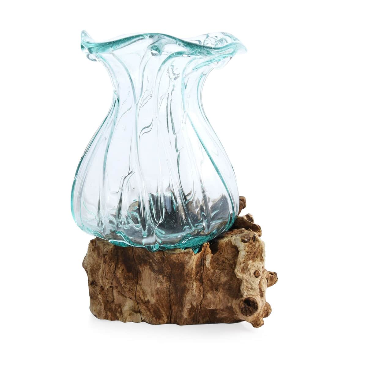 Designer Inspired Artisan Commissioned Bali Handblown Flower Vase Glass Decor with Wood Base , Decorative Vase , Home Decor Items , Wood Decor, Gift Items image number 2