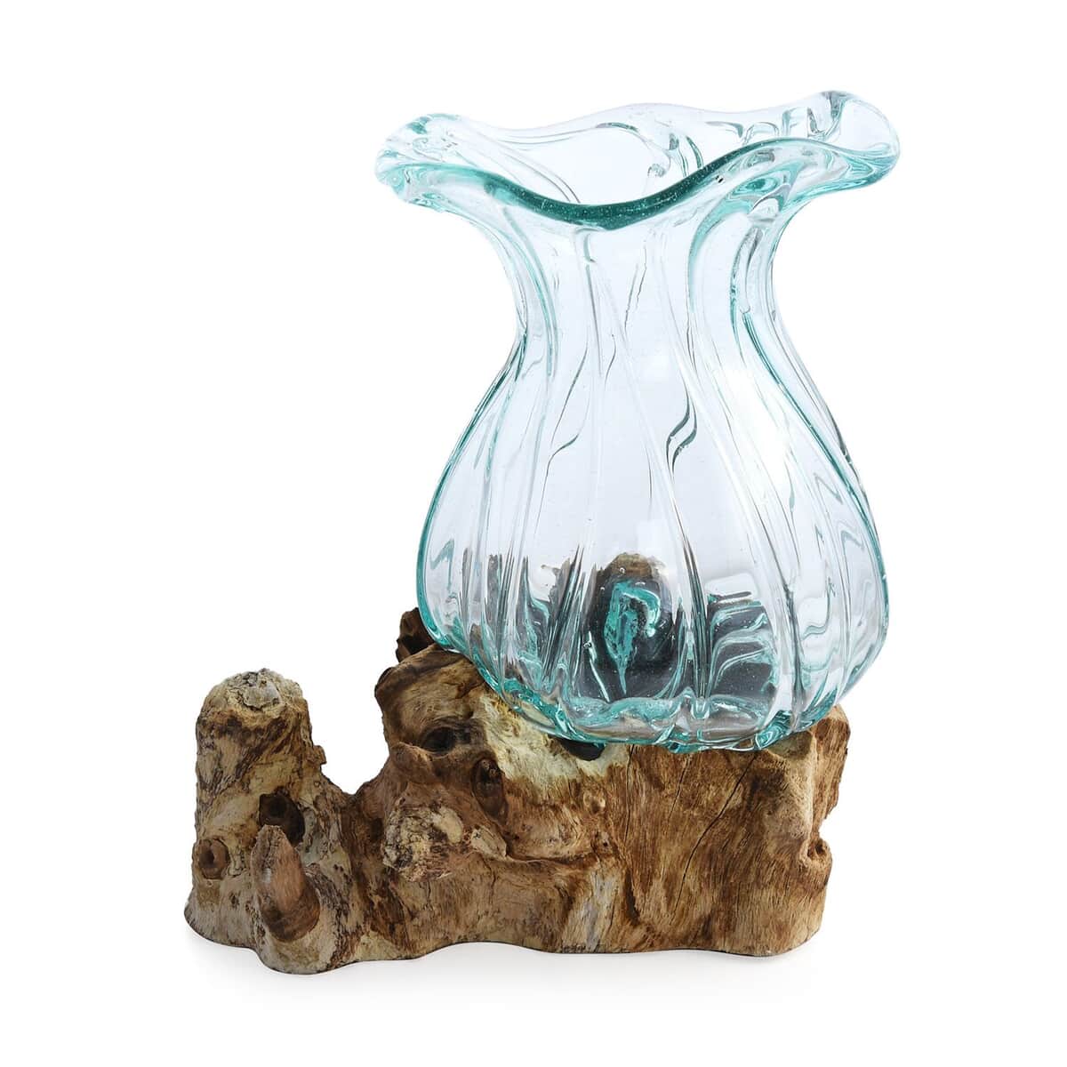 Designer Inspired Artisan Commissioned Bali Handblown Flower Vase Glass Decor with Wood Base , Decorative Vase , Home Decor Items , Wood Decor, Gift Items image number 3