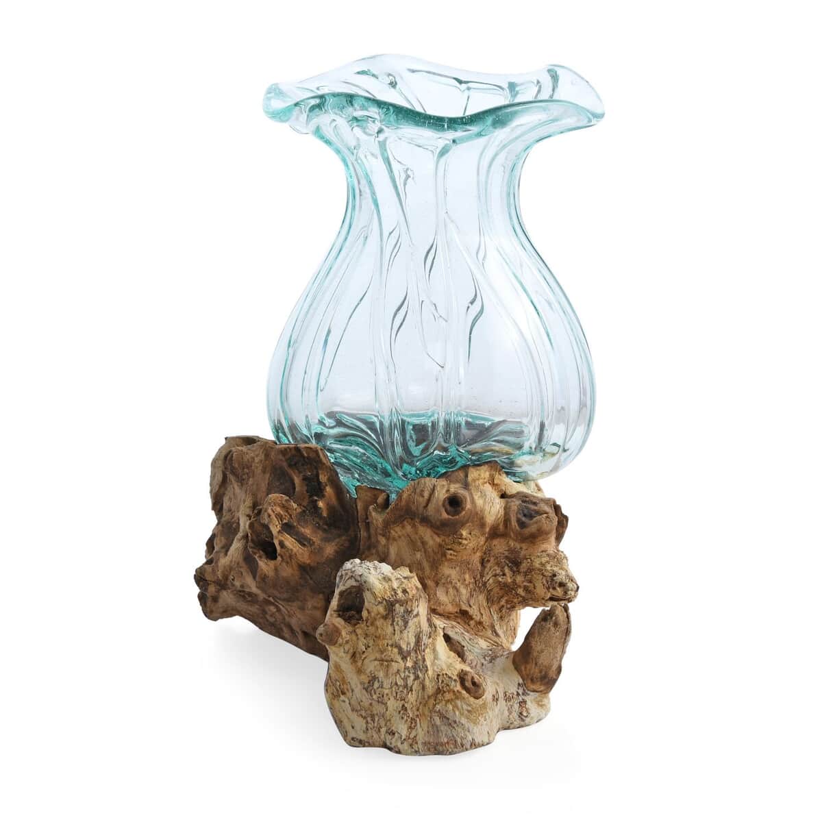 Designer Inspired Artisan Commissioned Bali Handblown Flower Vase Glass Decor with Wood Base , Decorative Vase , Home Decor Items , Wood Decor, Gift Items image number 4