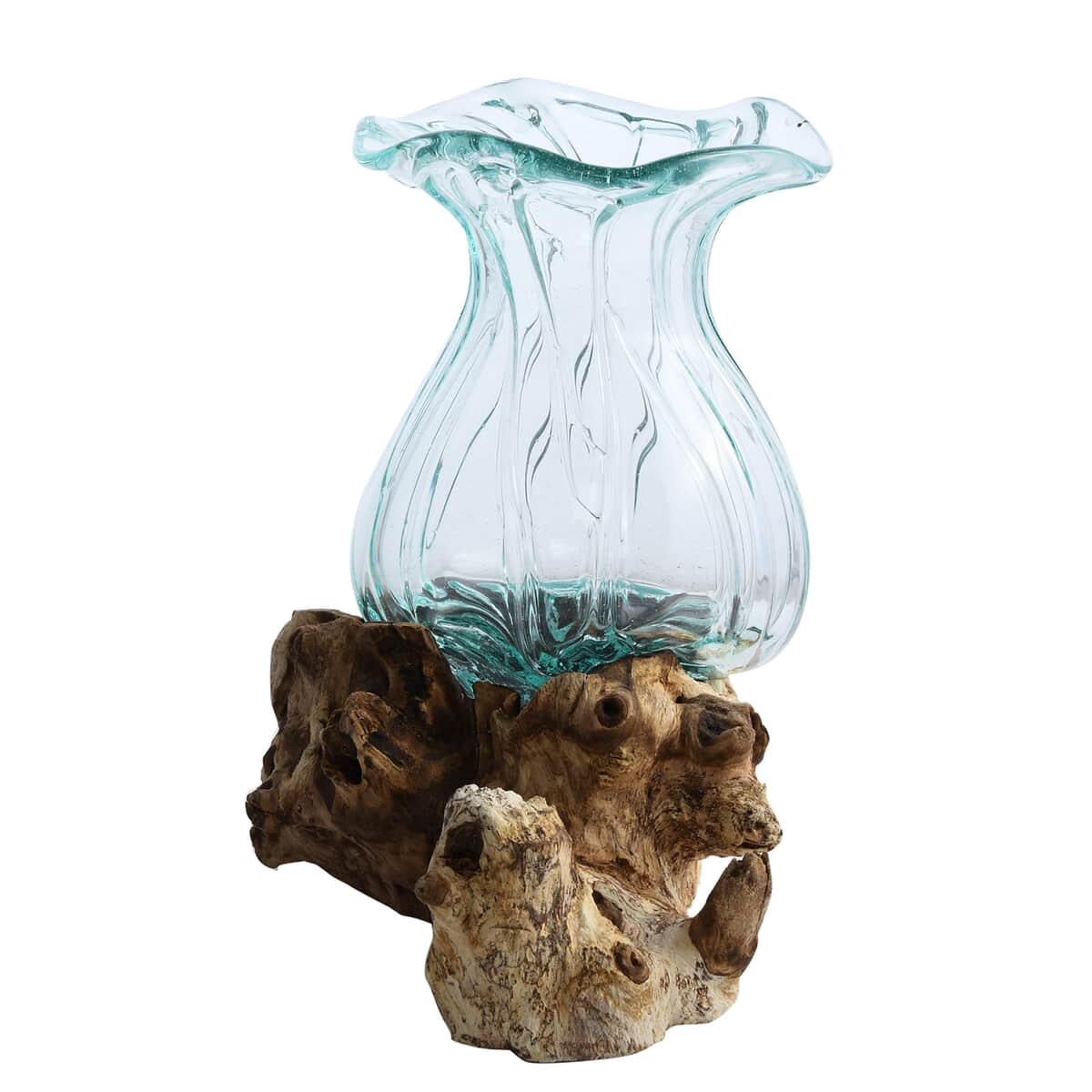 Designer Inspired Artisan Commissioned Bali Handblown Flower Vase Glass Decor with Wood Base , Decorative Vase , Home Decor Items , Wood Decor, Gift Items image number 5