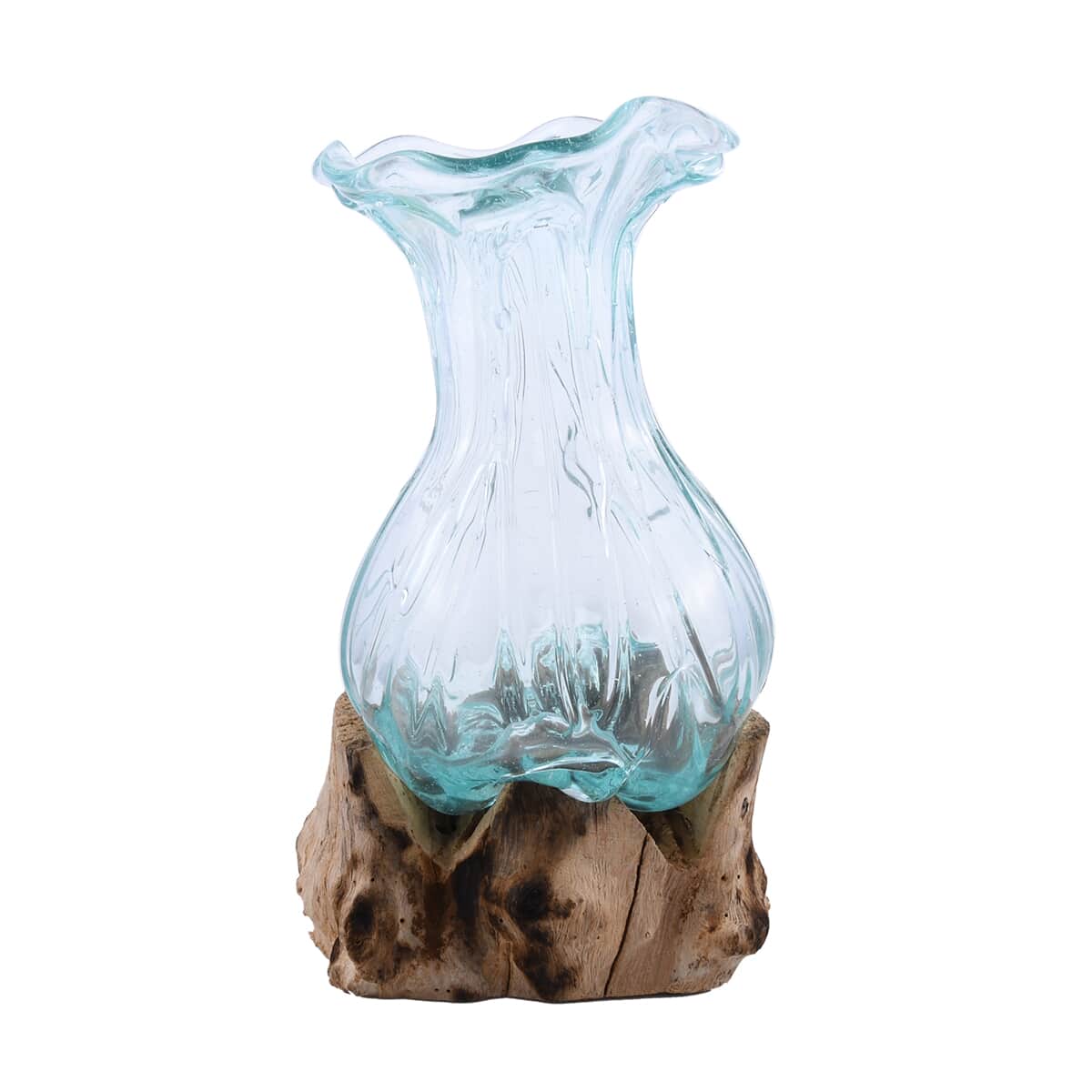 Designer Inspired Artisan Commissioned Bali Handblown Flower Vase Glass Decor with Wood Base , Decorative Vase , Home Decor Items , Wood Decor, Gift Items image number 6
